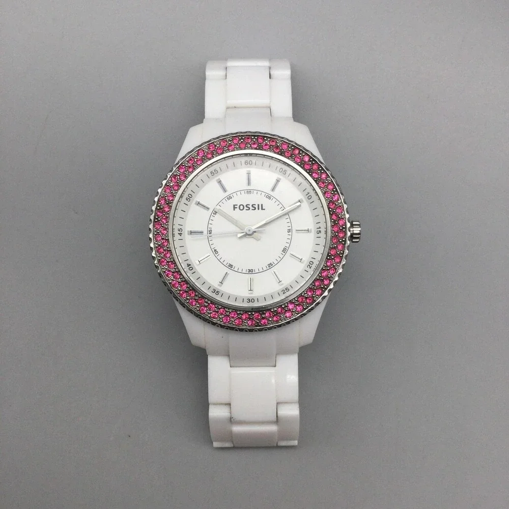 Fossil Stella Glitz ES-2441 Womens Watch 38mm Pink Crystal New Battery 6.5